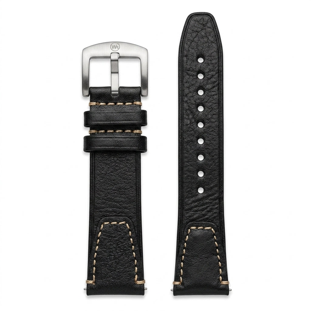 Premium 22mm Vintage Black Genuine Leather Watch Strap – Quick Release Hand-Stitched Band with Heavy Duty Stainless Steel Buckle