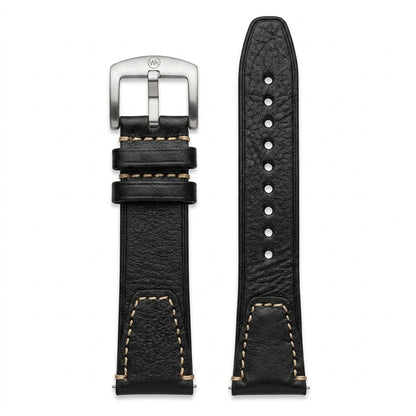Premium 22mm Vintage Black Genuine Leather Watch Strap – Quick Release Hand-Stitched Band with Heavy Duty Stainless Steel Buckle