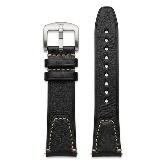 Premium 22mm Vintage Black Genuine Leather Watch Strap – Quick Release Hand-Stitched Band with Heavy Duty Stainless Steel Buckle