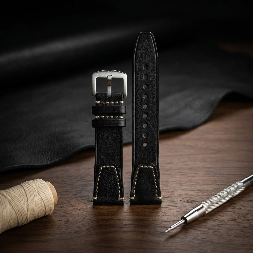 Premium 22mm Vintage Black Genuine Leather Watch Strap – Quick Release Hand-Stitched Band with Heavy Duty Stainless Steel Buckle