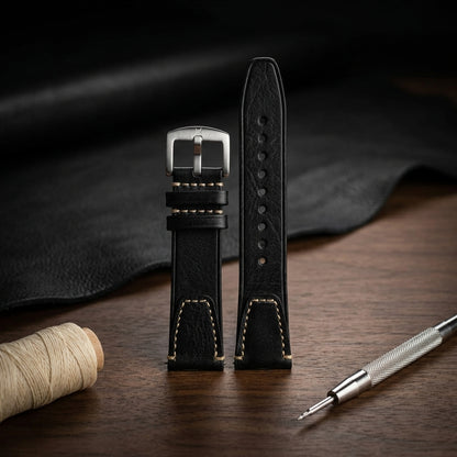 Premium 22mm Vintage Black Genuine Leather Watch Strap – Quick Release Hand-Stitched Band with Heavy Duty Stainless Steel Buckle