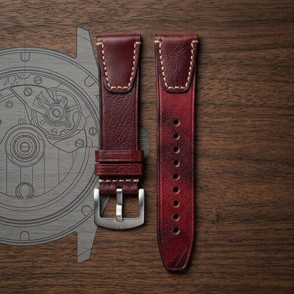 Premium 22mm Vintage Red Genuine Leather Watch Strap – Quick Release Hand-Stitched Band with Heavy Duty Stainless Steel Buckle