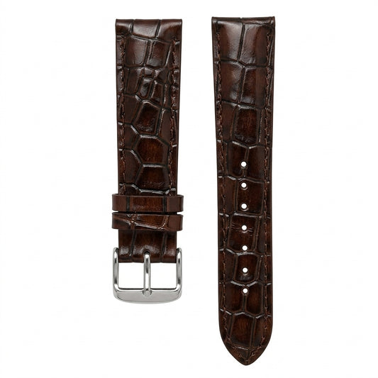 OMAX 20mm Dark Brown Genuine Leather Watch Strap with Croco Embossed Texture | Stainless Steel Buckle | Quick Release