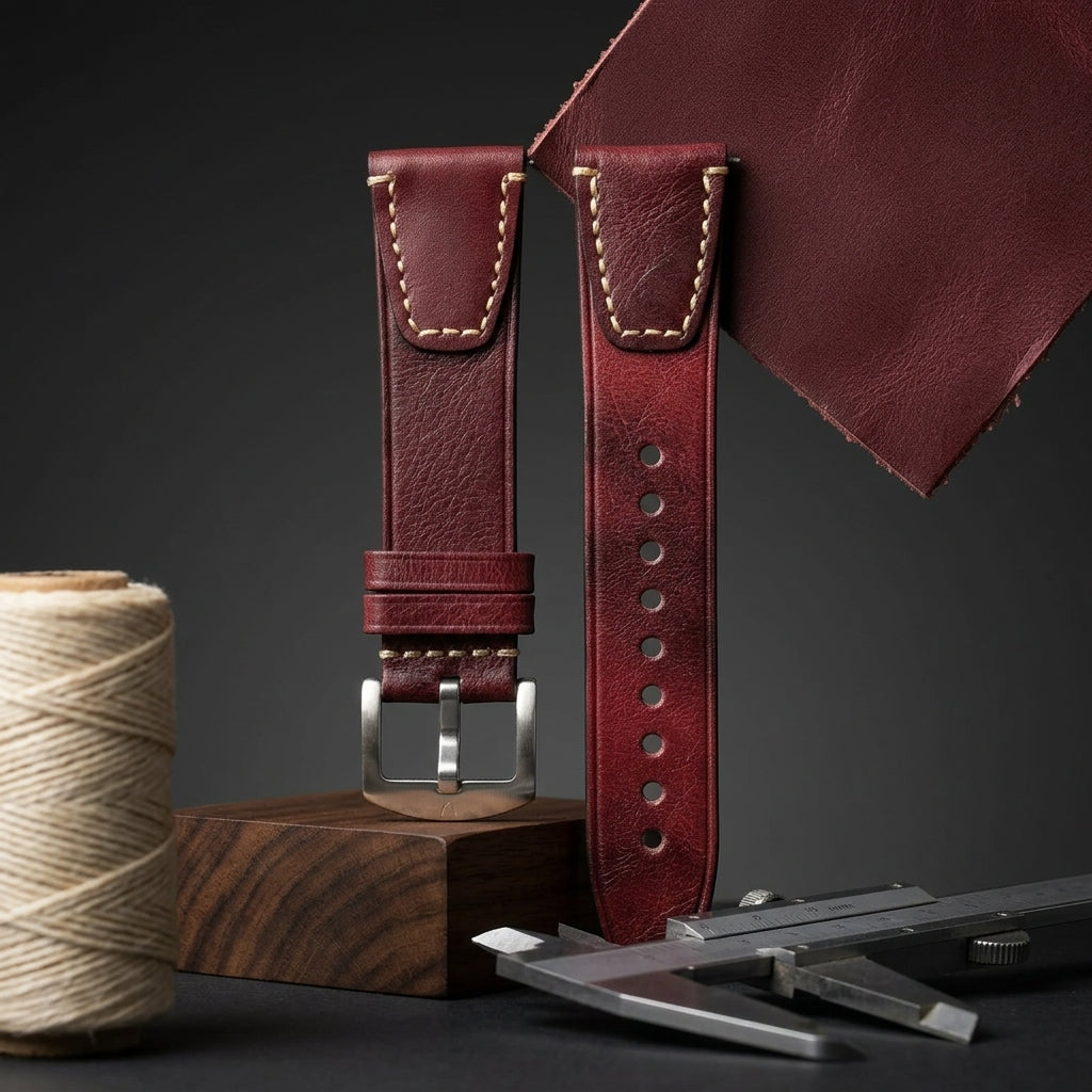 Premium 22mm Vintage Red Genuine Leather Watch Strap – Quick Release Hand-Stitched Band with Heavy Duty Stainless Steel Buckle