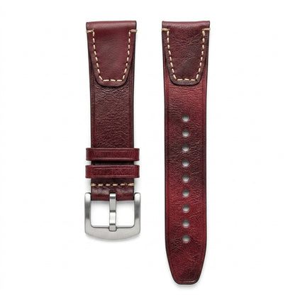 Premium 22mm Vintage Red Genuine Leather Watch Strap – Quick Release Hand-Stitched Band with Heavy Duty Stainless Steel Buckle