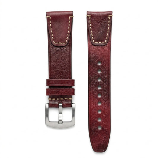 Premium 22mm Vintage Red Leather Band| Hand-Stitched| Quick Release| Heavy Steel Buckle