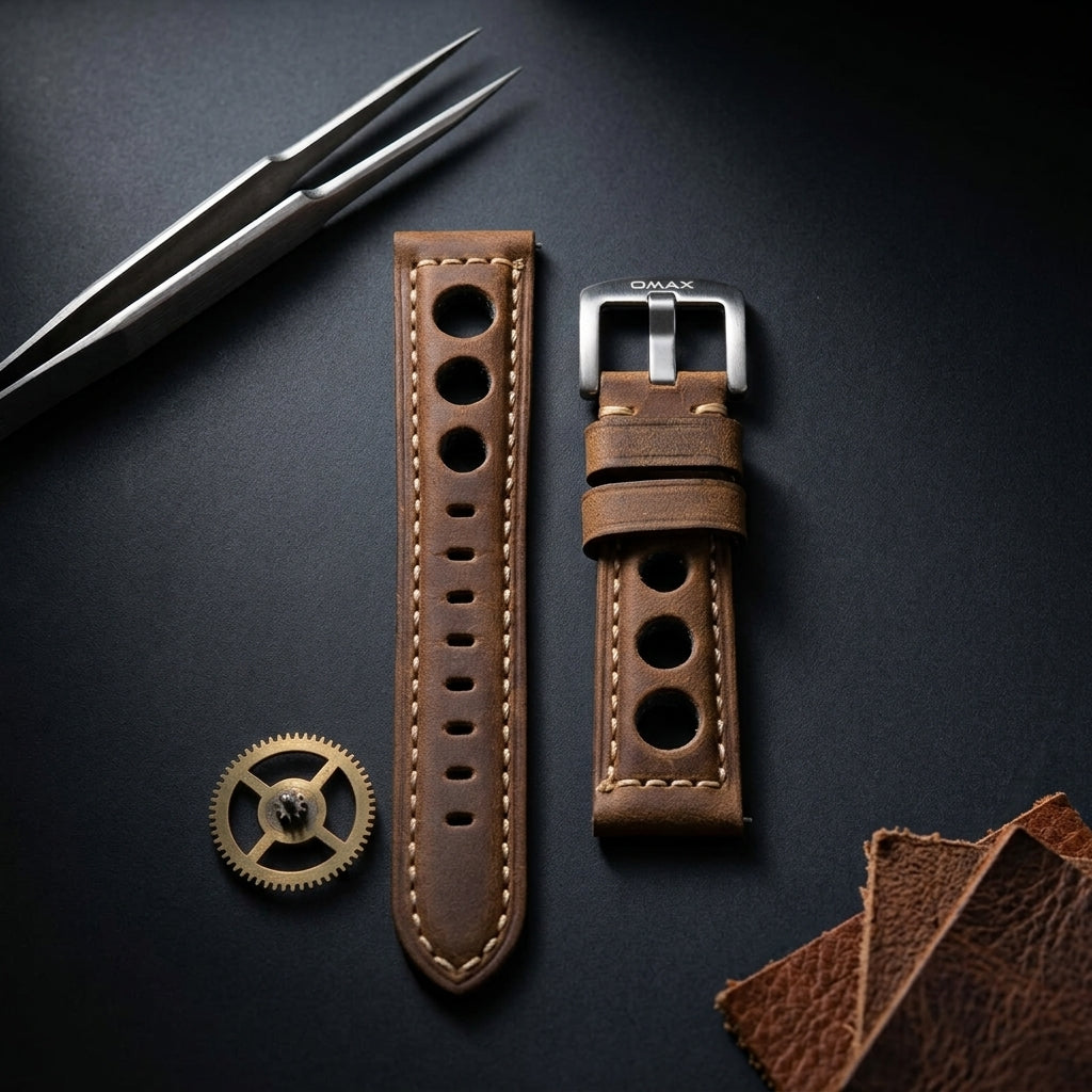 Omax 20mm Vintage Rally Genuine Leather Watch Strap – Perforated Racing Style Band with Full Contrast Stitching & Heavy Duty Buckle