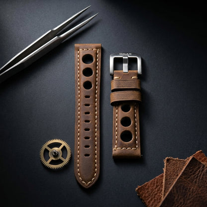 Omax 20mm Vintage Rally Genuine Leather Watch Strap – Perforated Racing Style Band with Full Contrast Stitching & Heavy Duty Buckle