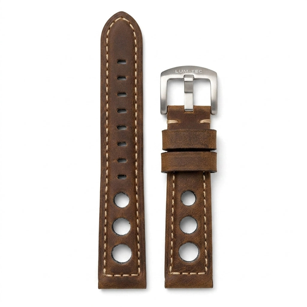 Omax 20mm Vintage Rally Genuine Leather Watch Strap – Perforated Racing Style Band with Full Contrast Stitching & Heavy Duty Buckle