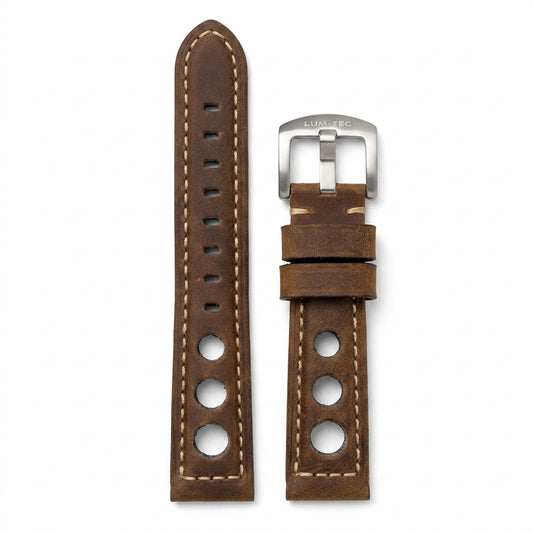 OMAX 20mm Dark Brown Vintage Rally Leather | Perforated Racing Band | Heavy Buckle | Quick release