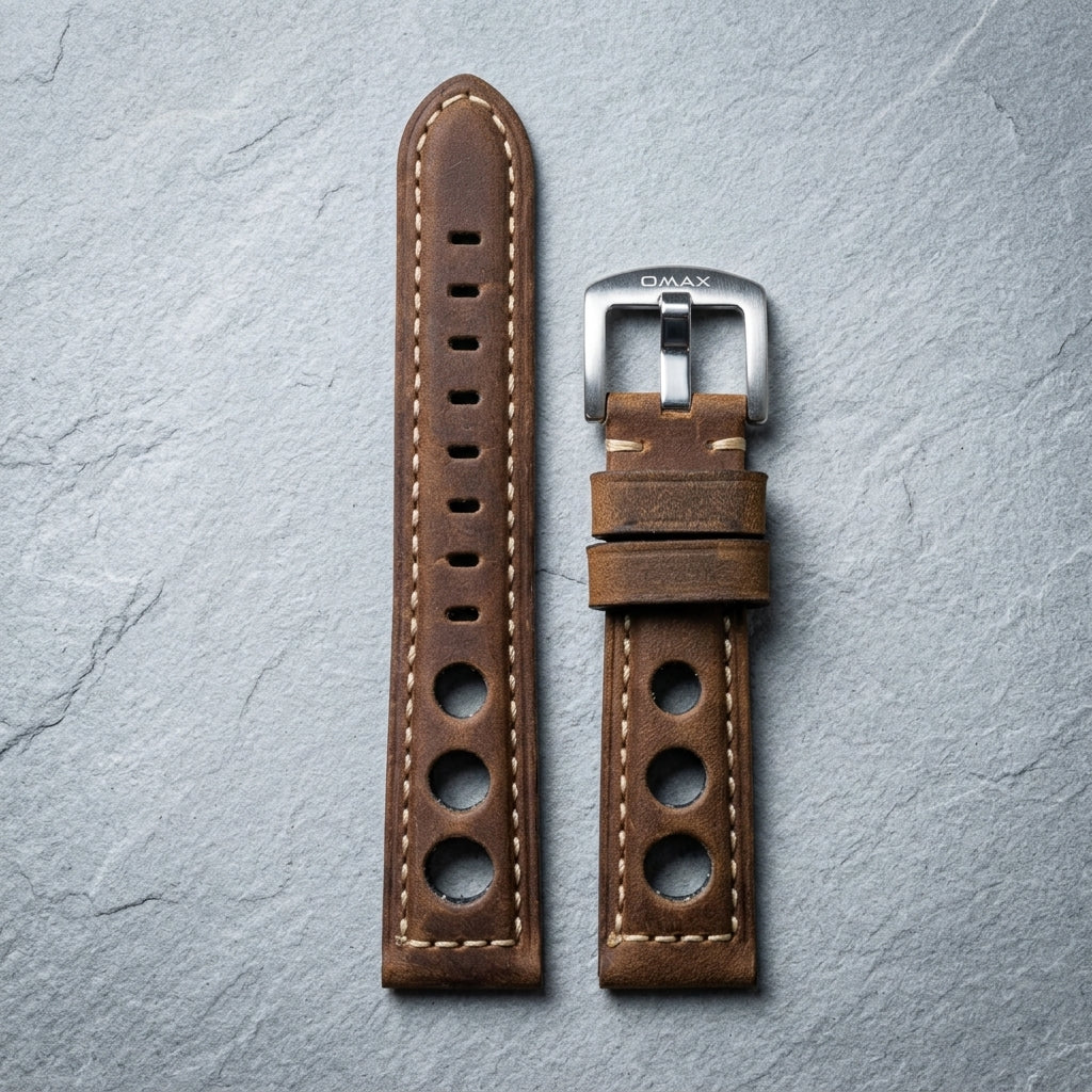 Omax 20mm Vintage Rally Genuine Leather Watch Strap – Perforated Racing Style Band with Full Contrast Stitching & Heavy Duty Buckle