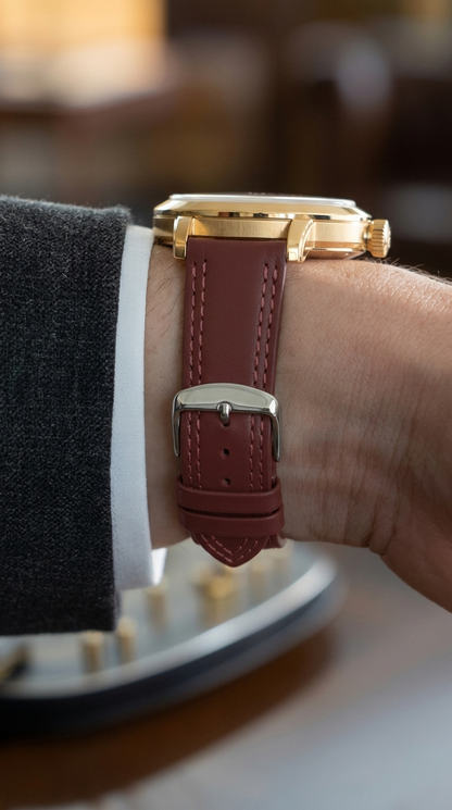 Omax 22mm Burgundy Genuine Leather Watch Strap – Double Stitch, Silver Buckle | FS347