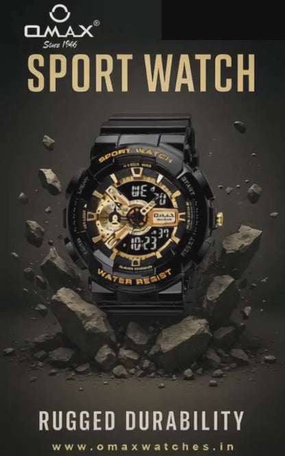 OMAX Analogue and Digital display Black Gold Resin Fiber Case Strap Watch for Men and Women-DS91920P