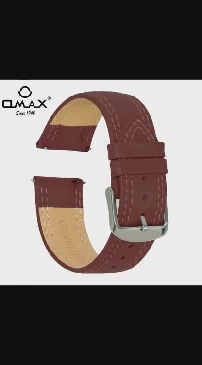 Omax Burgundy Genuine Leather Watch Strap – Double Stitched, 22mm, Silver Buckle | FS347