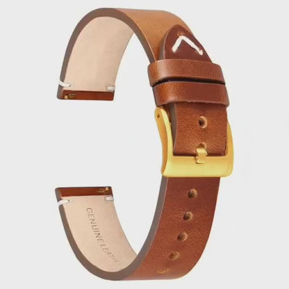 Omax Tan Genuine Leather Watch Strap – Golden Buckle, Handcrafted V-Stitch, Quick-Release | FS328