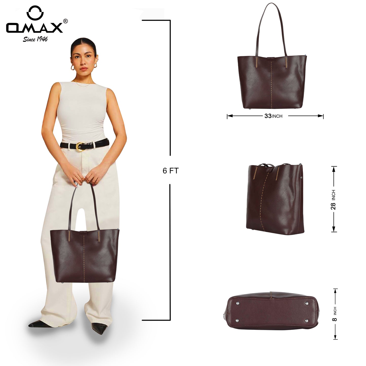 Brown Tote Bag for Women – OMAX OMB-405 Large PU Leather Office Shoulder Handbag