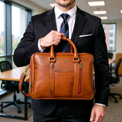 Omax Tan Color Genuine Leather Double Compartment Messenger Laptop Bag LTHR03