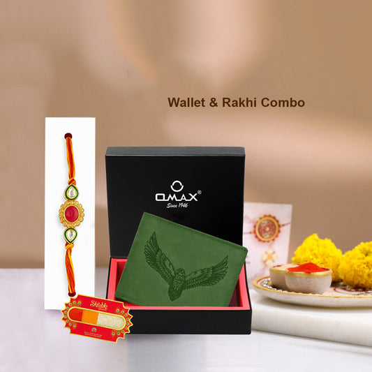 OMAX Olive  Eagle Embossed Design Genuine Leather Mens Wallet with Free Rakhi for Brother RBFW253