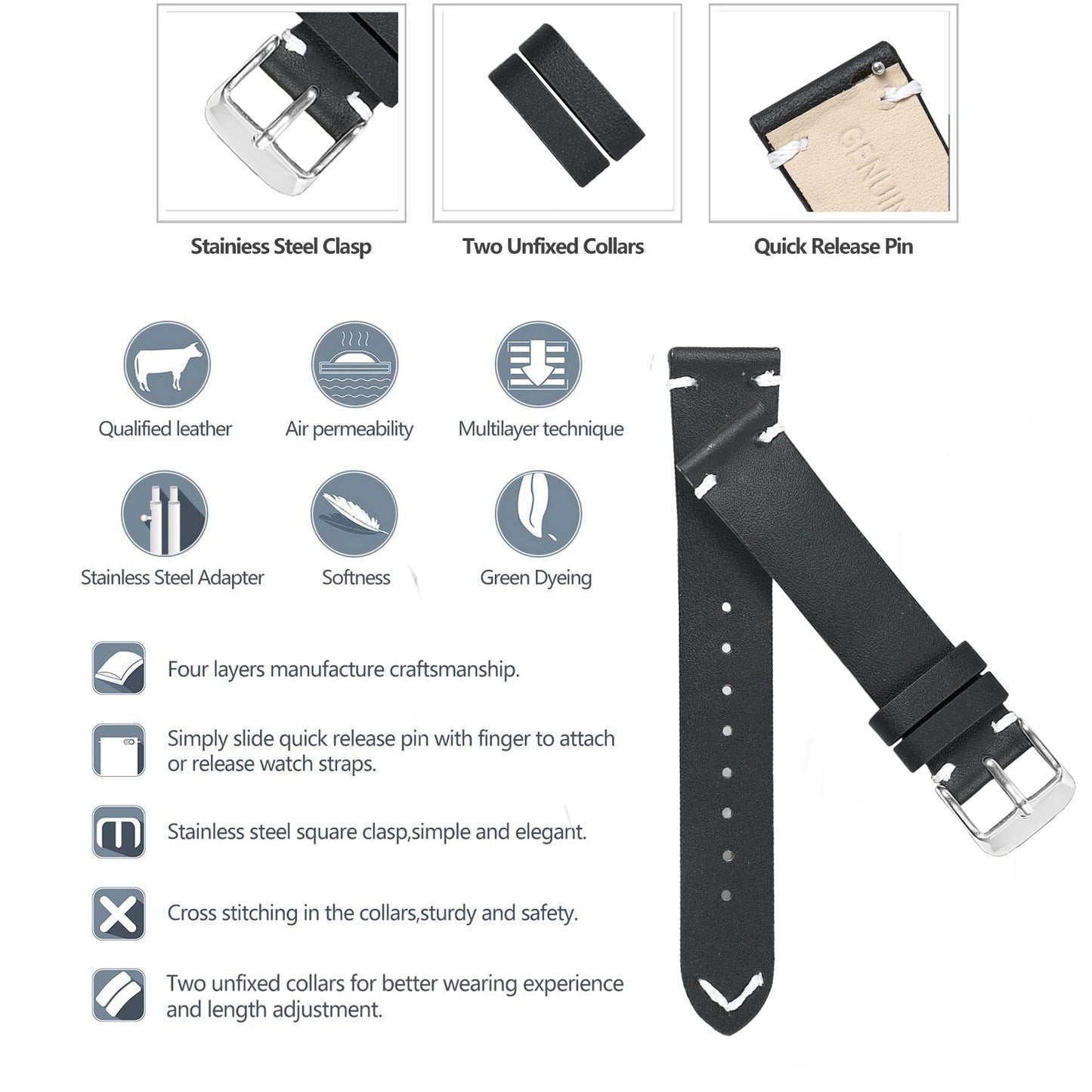 Boshek Black Genuine Leather Unique Watch Strap for Quick Release and Self Changeable FS325