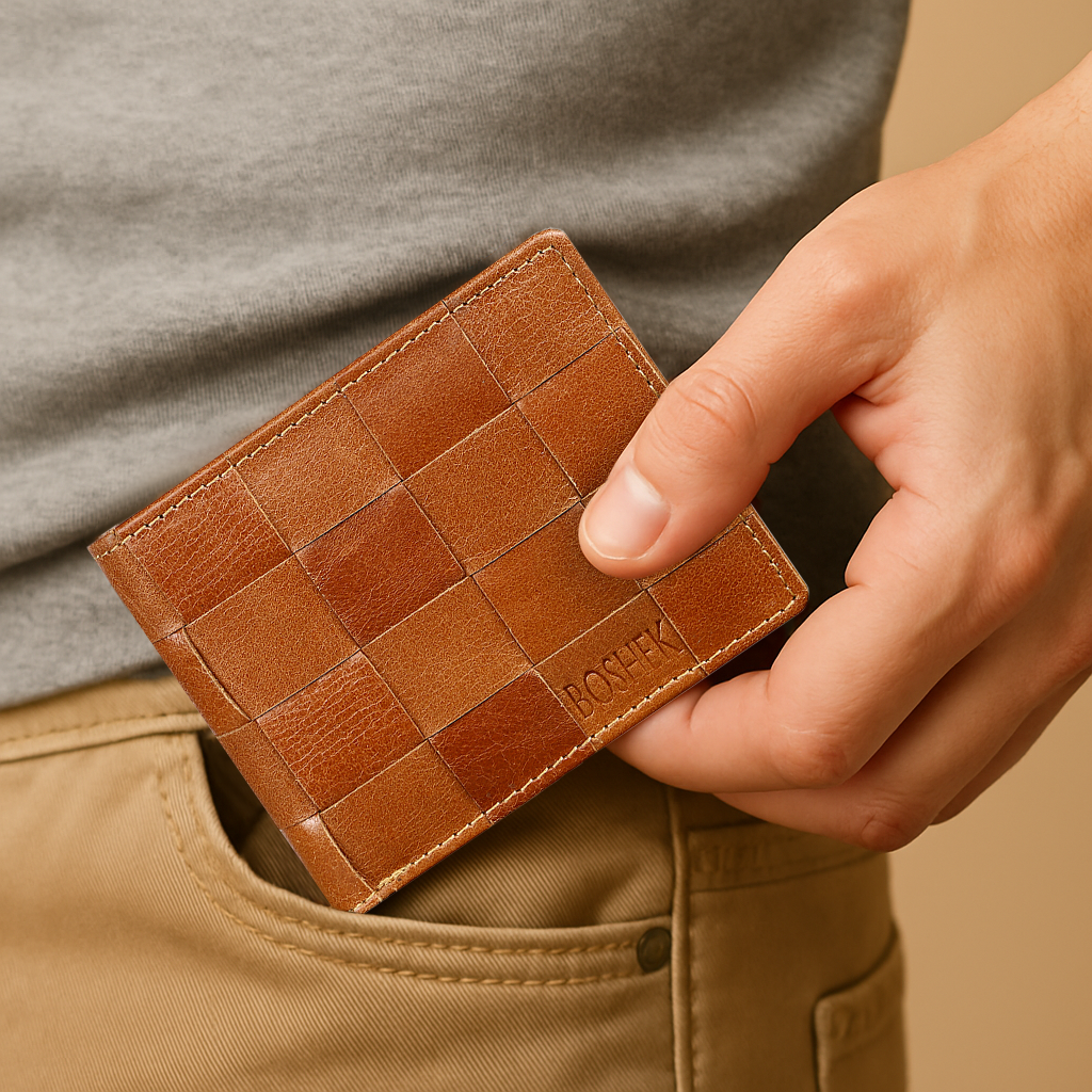 BOSHEK Tan Crunch Leather Mens Wallet FW246