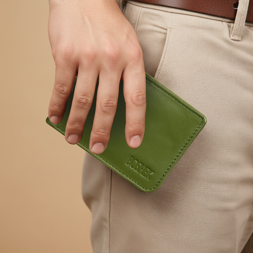BOSHEK Green Leather Wallet Slim and Feather weight FW22