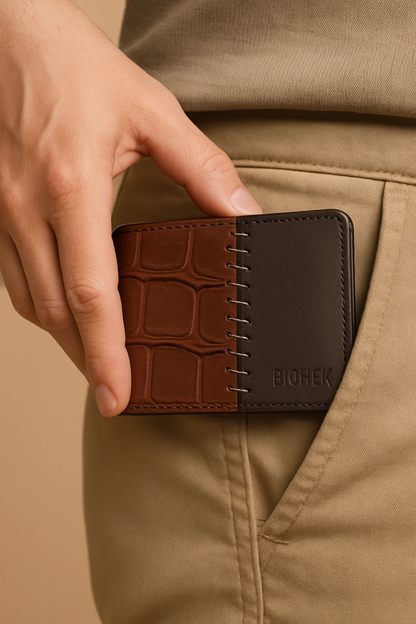 BOSHEK Dark Brown Hand Stitched Croco Pattern Leather Men's Wallet FW243