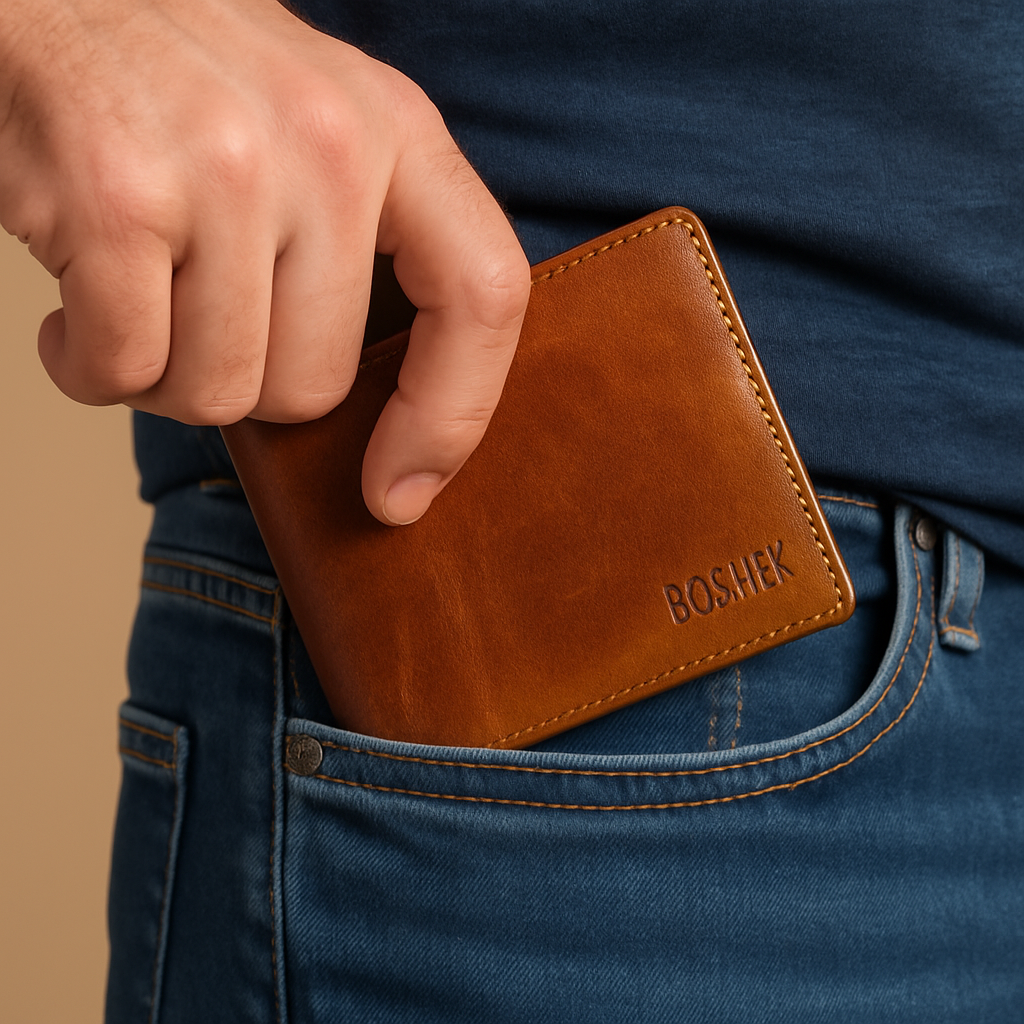 BOSHEK Tan Oil Pull up Sleek Leather Wallet FW241