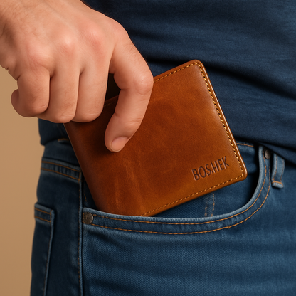 BOSHEK Tan Oil Pull up Sleek Leather Wallet FW241