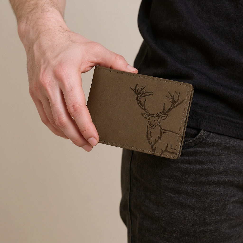BOSHEK Brown Elk Embossed Design Hunter Leather Wallet FW253