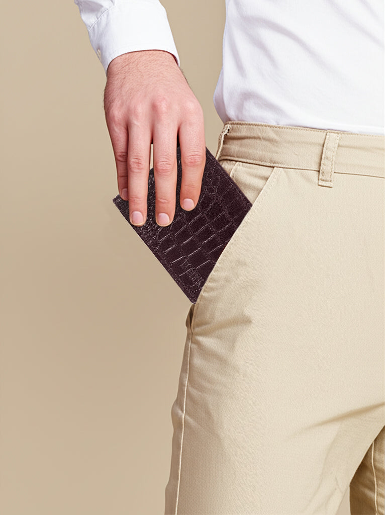 BOSHEK Brown Croco Effect Stylish Slim Genuine Leather Wallet BW30