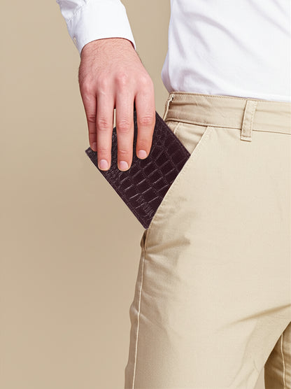 BOSHEK Brown Croco Effect Stylish Slim Genuine Leather Wallet BW30