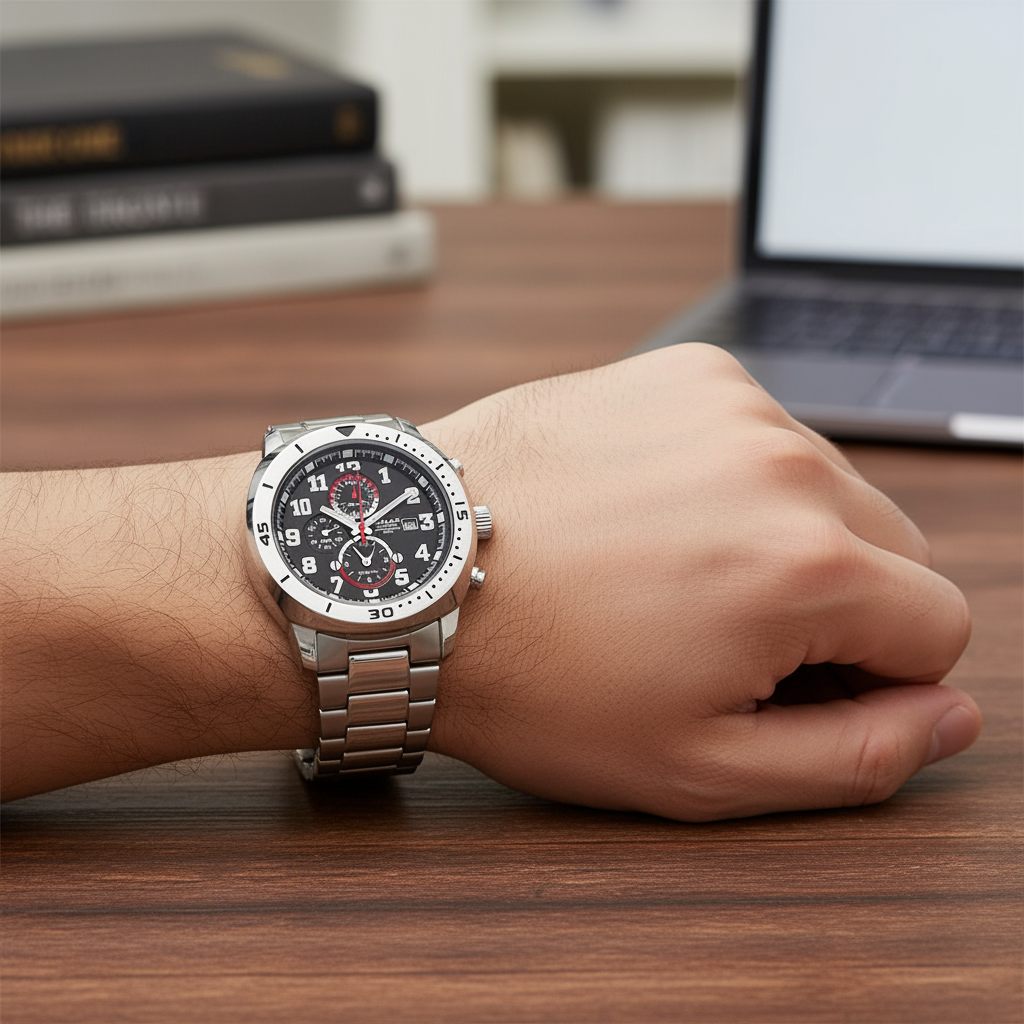 Omax Black Chronograph Stainless Steel Silver Mens Watch CS119