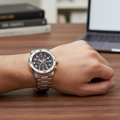 Omax Black Chronograph Stainless Steel Silver Mens Watch CS119