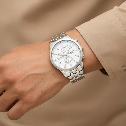Omax White Dial Chronograph Display Silver Stainless Steel Watch for Men SS408