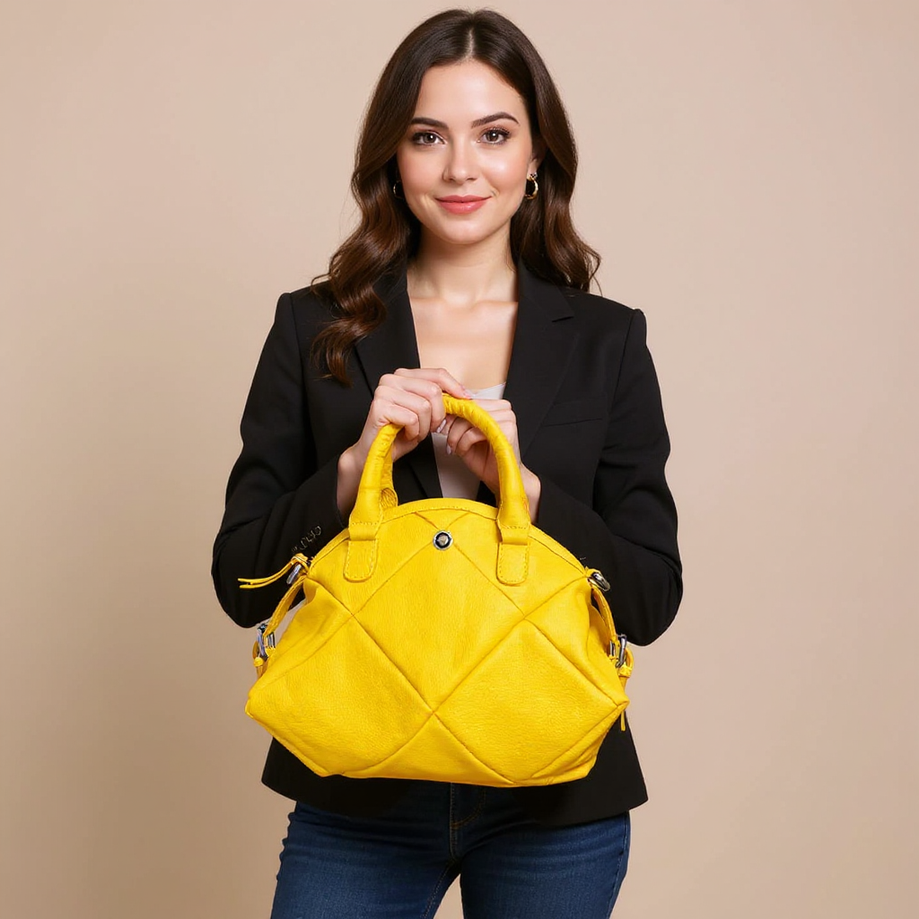 Omax Yellow Full Grain Genuine Leather Unique Football Style Handbag for Women LTHRL1