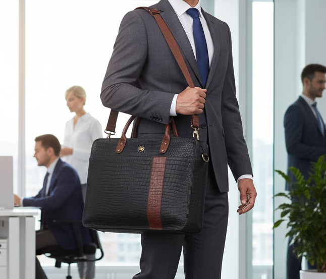 OMAX Black Contrast Mix Matching Croco Design Genuine Leather Laptop Bags for Men and Women LTHRMSN59