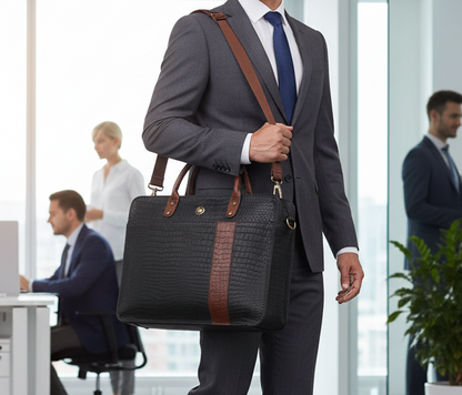 OMAX Black Contrast Mix Matching Croco Design Genuine Leather Laptop Bags for Men and Women LTHRMSN59