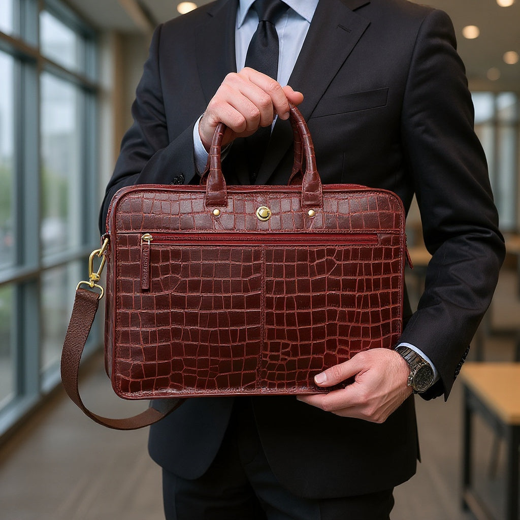 Omax Maroon Genuine Leather Croco Design with Metal Zipper Laptop Bag for Men and Women LTHR02