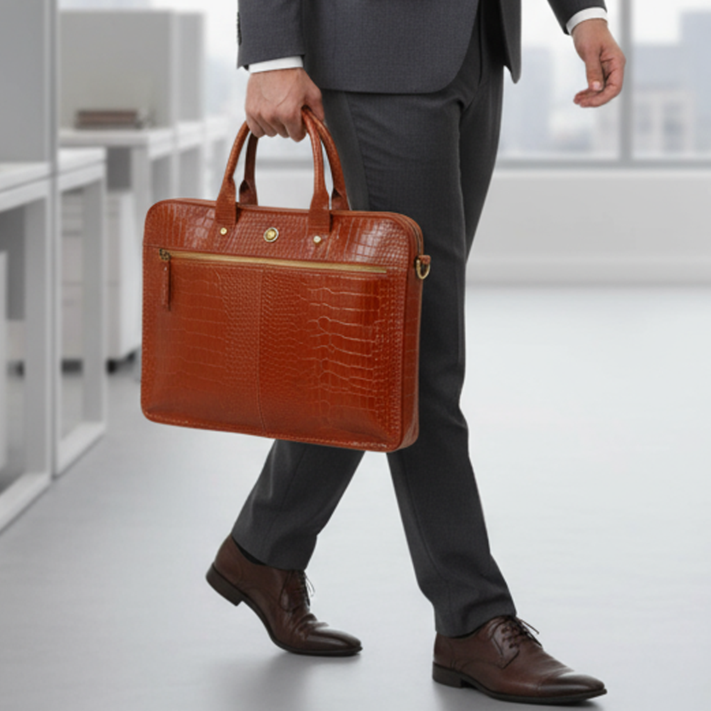 Omax Tan Genuine Leather Croco Design with Metal Zipper Laptop Bag for Men and Women LTHR02