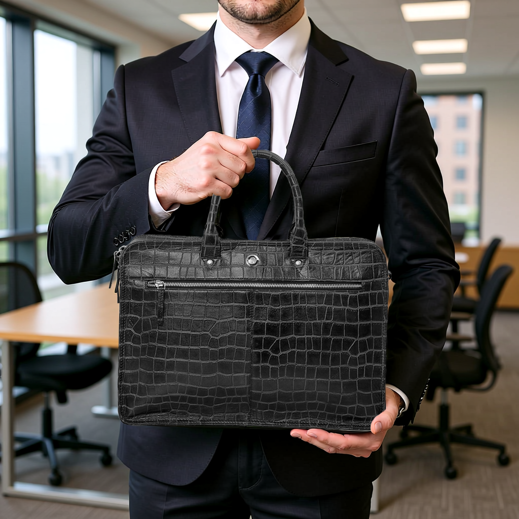 Omax Black Genuine Leather Croco Design with Metal Zipper Laptop Bag for Men and Women