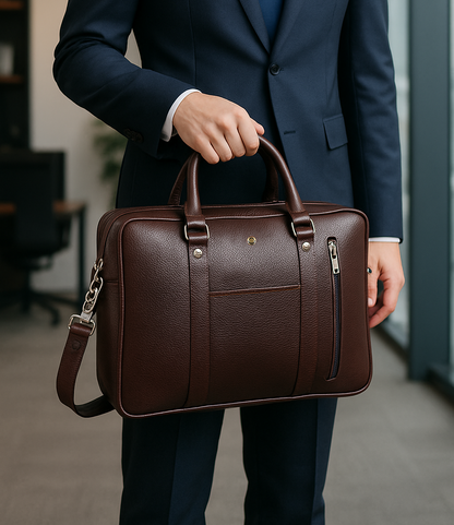 Omax Brown Color Genuine Leather Double Compartment Messenger Laptop Bag LTHR03