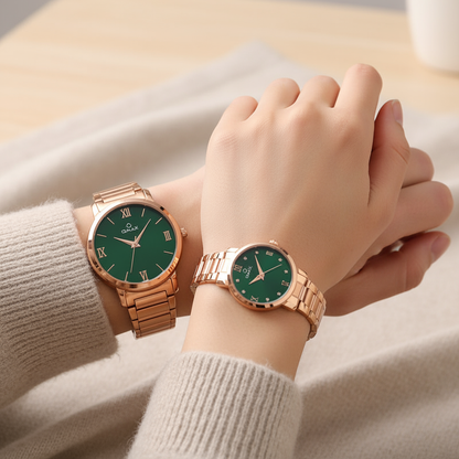 OMAX Analog Green Dial with Rose Gold Stainless Steel Strap Watch Pair for Couple -CPL03