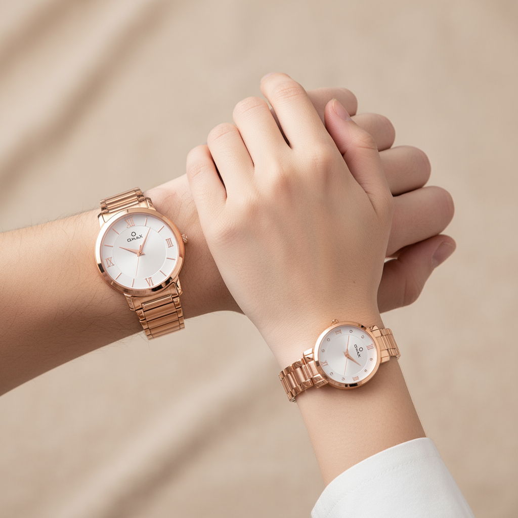 OMAX Analog White Dial with Rose Gold Stainless Steel Strap Watch Pair for Couple -CPL03