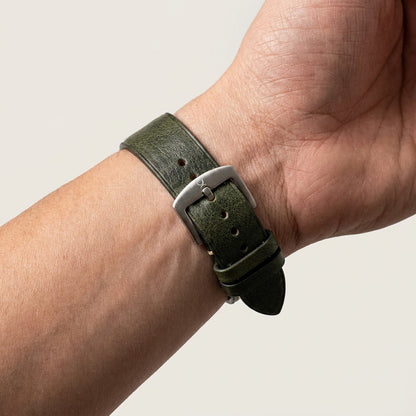 Premium 22mm Vintage Green Genuine Leather Watch Strap – Quick Release Hand-Stitched Band with Heavy Duty Stainless Steel Buckle
