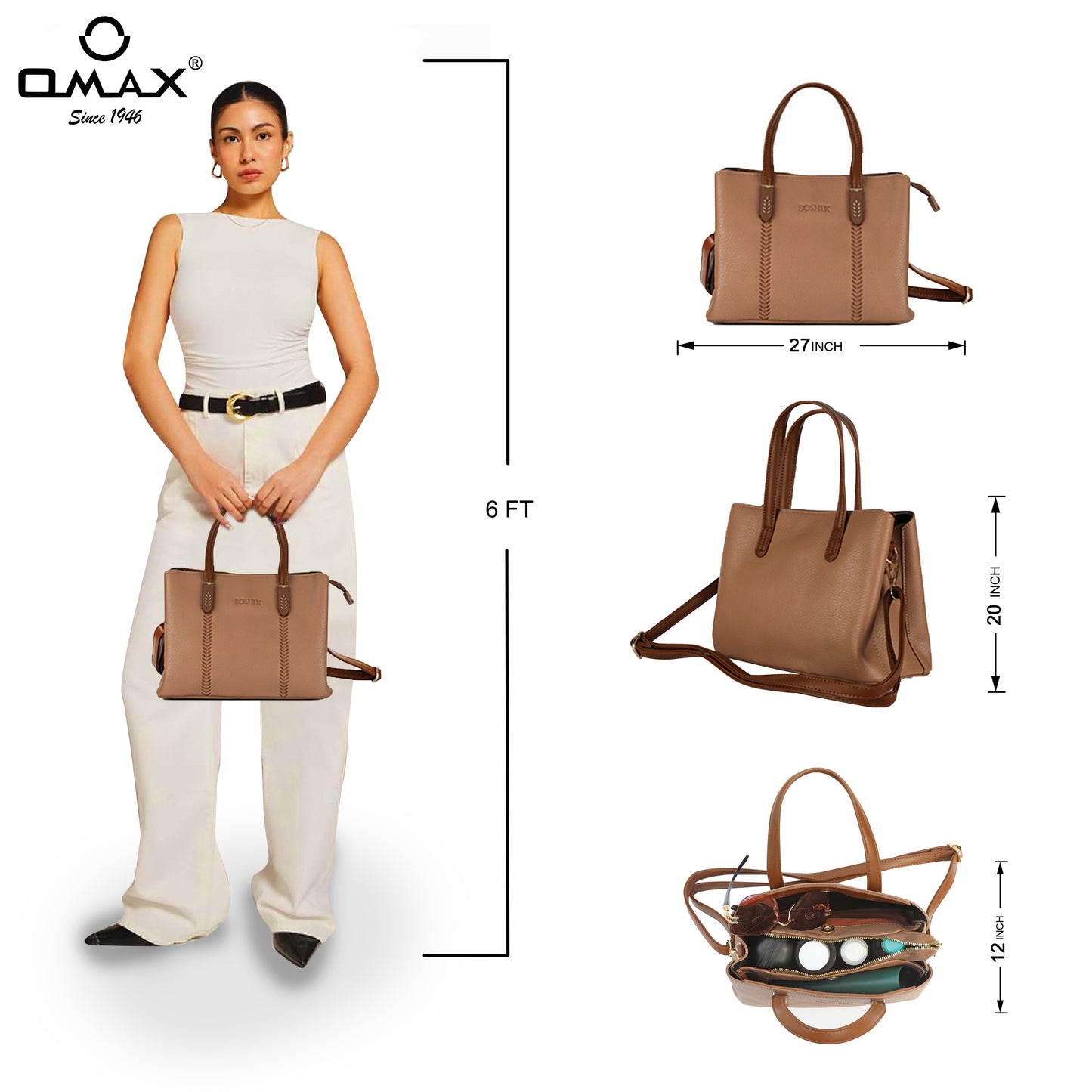 Tan Structured Tote Bag for Women – OMAX PU Leather Handbag with Detachable Sling