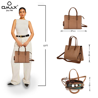 Tan Structured Tote Bag for Women – OMAX PU Leather Handbag with Detachable Sling