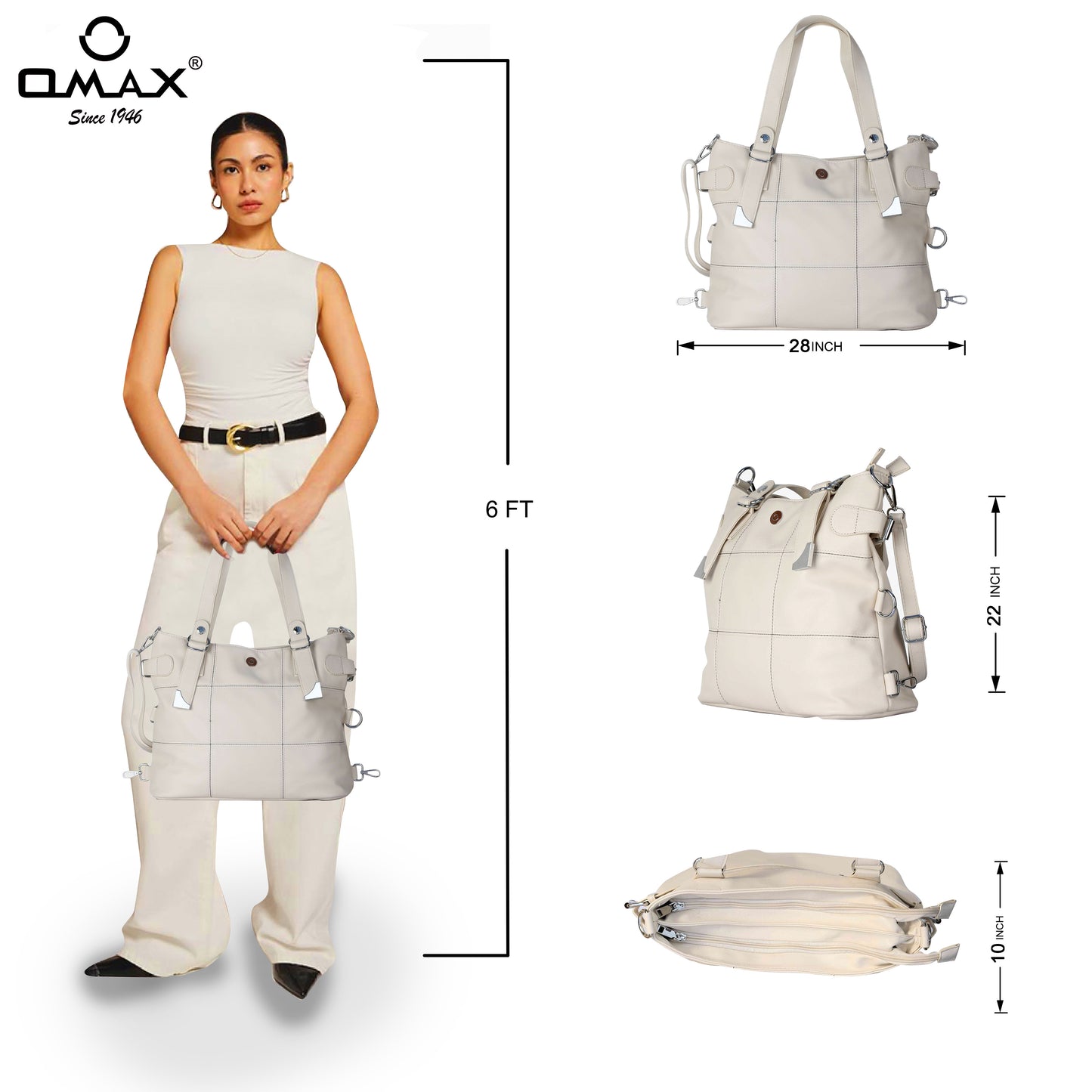 Cream Handbag for Women – OMAX E01 PU Leather Tote Bag with Sling Strap