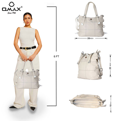 Cream Handbag for Women – OMAX E01 PU Leather Tote Bag with Sling Strap
