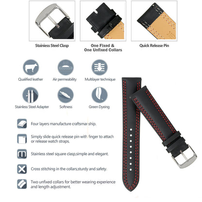 Boshek Black With Red Contrast Stitching Genuine Leather Watch Strap for Quick Release and Self Changeable