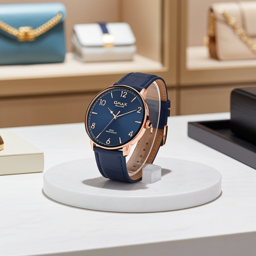 Omax Midnight Blue Luxury Rose Gold Leather Watch for Men – DC001R44I